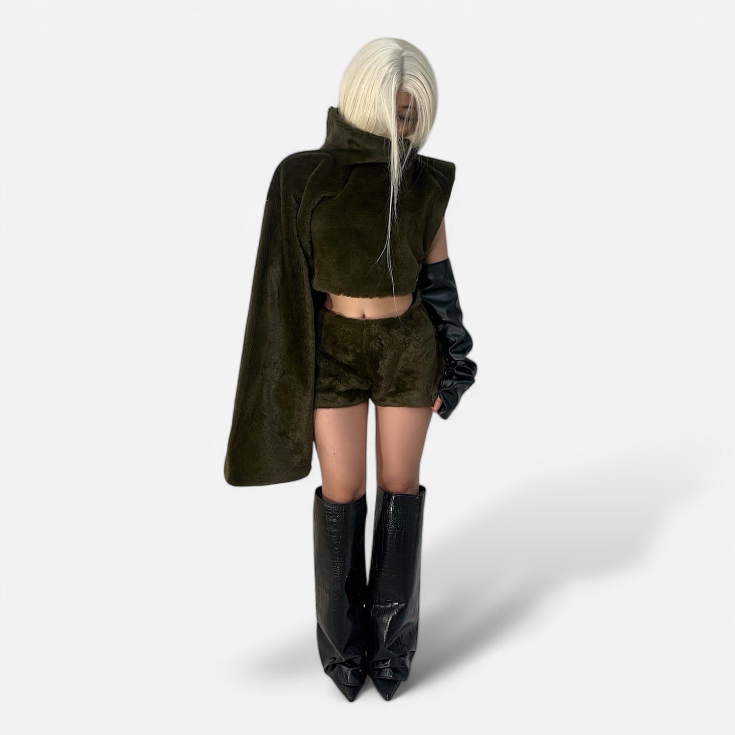 One Sleeve Fur Croptop- Army Green